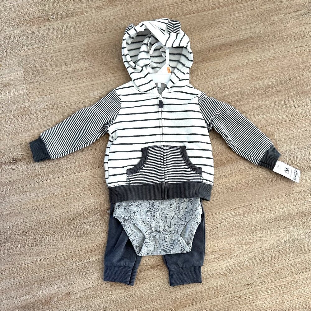 NWT Carters 3-Piece Striped Gray Set w/ Zipper Hoodie, Bodysuit, Pants, Size 12M